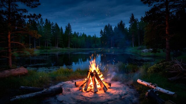A beautiful campfire burns brightly on the edge of a calm lake, surrounded by a dark forest under a clear, starfilled night sky - Powered by Adobe