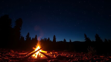 campfire. A campfire glows warmly at dusk, casting light on the surrounding wilderness under a star-filled night sky. travel magazines, destination branding, designed for travel destination branding.