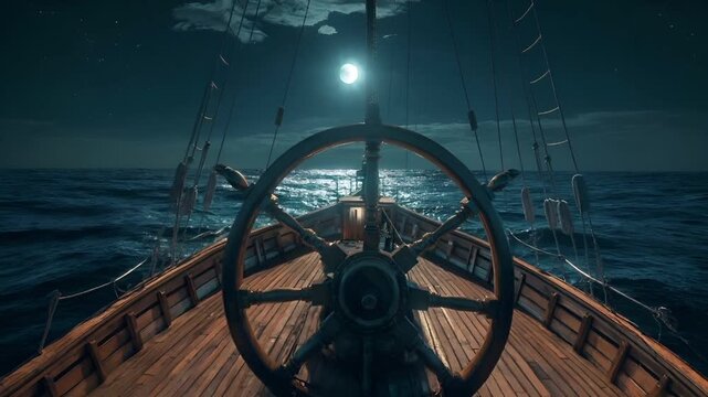A ships deck at night with a full moon in the sky. The ships wooden deck is illuminated by the moonlight, and the ships wheel is prominently featured in the foreground.