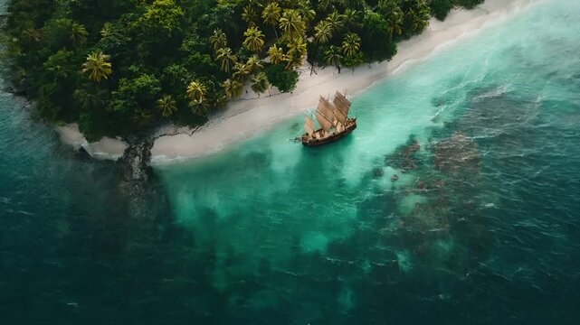 Aerial view of tropical beach with shipwrecked ship and turquoise waters.