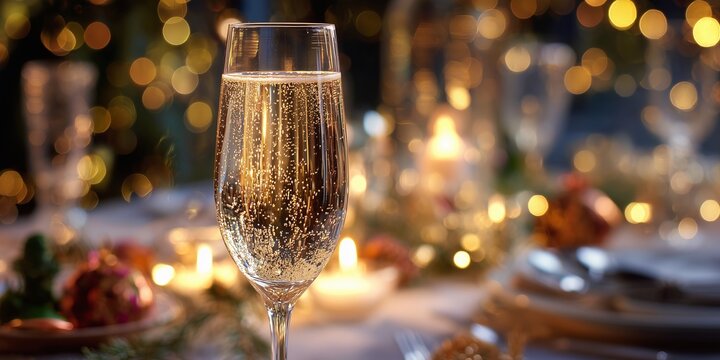 Sparkling champagne glass reflects glowing Christmas lights, standing before a festive dinner table and candles in elegant holiday style.