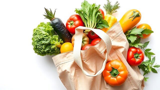consumer. Colorful fresh produce arranged in a reusable shopping bag against a white background. menu design, packaging mockups, designed for culinary blogs and recipe cards for restaurants.