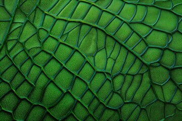 Close-up of intricate green leaf patterns showcasing unique textures and organic shapes, with sunlit scales creating abstract natural designs, ideal for nature themes and botanical projects.