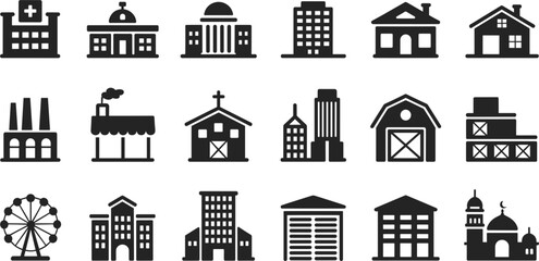 Set of Eighteen City Building Glyph Icons, Architecture Urban Infrastructure Establishment Symbols, Simple Real Estate Monochrome Vector Graphic Clipart
