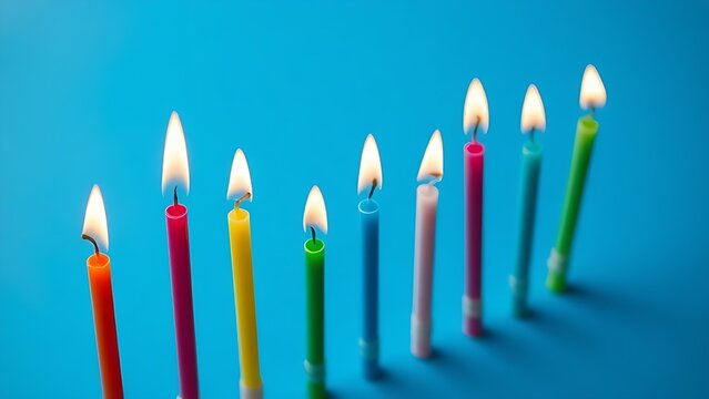 blow. Row of colorful birthday candles with glowing flames, creating a festive and celebratory mood. symbolizing life milestones and joyful moments.