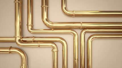 artistic arrangement of shiny gold pipes forming abstract pattern on beige gradient background, luxurious and modern, creative industrial concept