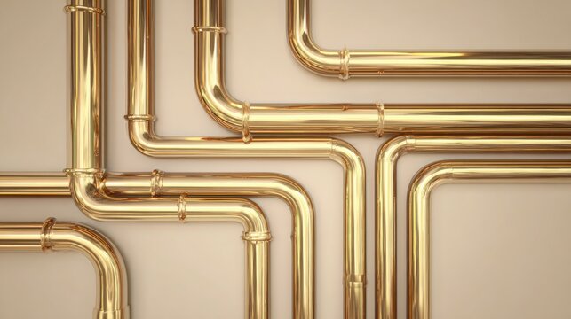 artistic arrangement of shiny gold pipes forming abstract pattern on beige gradient background, luxurious and modern, creative industrial concept
