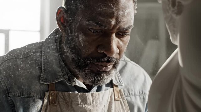 Man Chiseling a Marble Statue With Fine Details in Studio