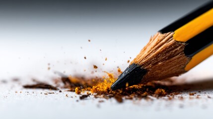 A close-up view of a sharpened yellow pencil leaving shavings behind on a stark white surface, showcasing creativity in action and the beauty of art supplies.