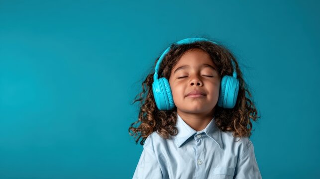 A joyful child with curly hair wears bright blue headphones, eyes closed in bliss as they enjoy listening to music, embodying pure happiness and carefree moments of childhood.