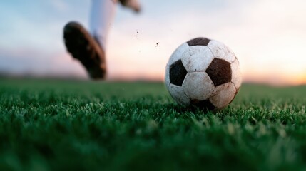 A close-up shot of a soccer ball rolling on a vibrant green field, capturing the essence of sport, movement, and the thrilling excitement of outdoor competition.