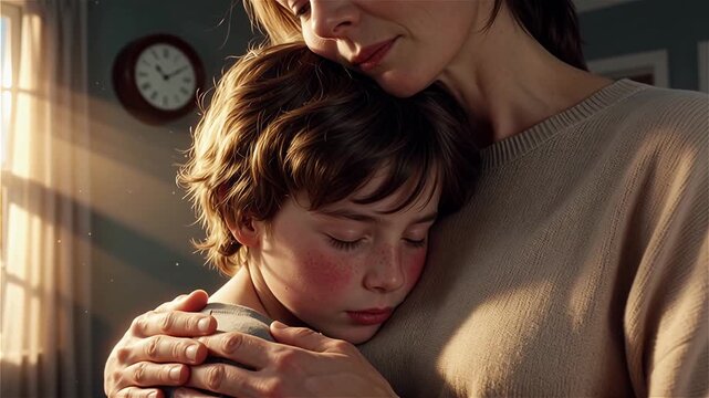 A moment of touching hugs between a mother and child against the backdrop of a cozy, sun-drenched interior of a house on International Hug Day