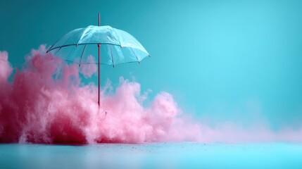 An artistic shot of a transparent umbrella standing amid vibrant pink smoke creates a striking visual contrast, evoking feelings of whimsy and creativity in a surreal setting.