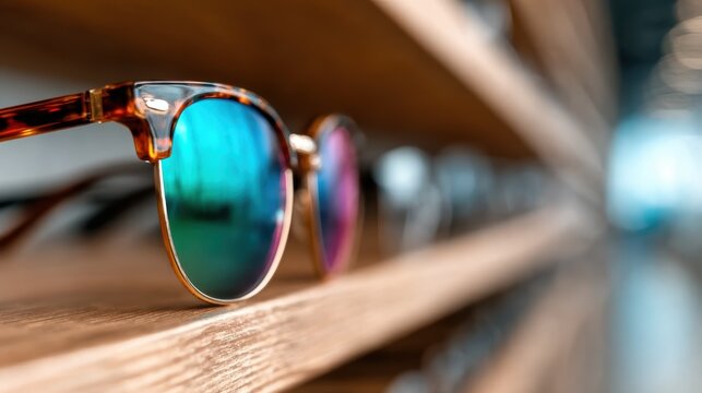 A close-up of stylish sunglasses on a wooden shelf showcases a trendy accessory that combines fashion and artistic design, embodying a lively and modern lifestyle. - Powered by Adobe