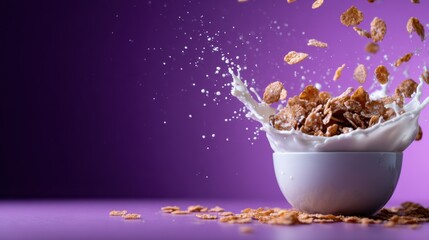An energetic splash of milk with cereal pieces captures the joy of breakfast, showcasing movement and freshness in a vibrant and playful composition.