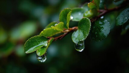 Close-up of green leaves with dew droplets hanging from their tips. Concept Macro close-up of dew on green leaves, Dew drops on fresh green foliage, Morning light on leaves with dew