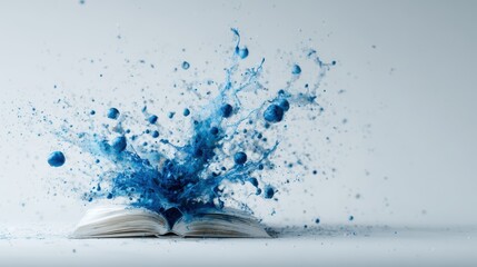 An open book erupts in a vibrant splash of blue paint, symbolizing creativity and imagination bursting forth from the pages in a dynamic visual representation.