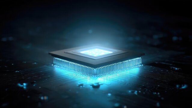 A microprocessor chip glowing blue on a circuit board. Concept Blue-glow microprocessor, Circuit board close-up, High-tech electronics, Futuristic hardware lighting, Electronics design detail