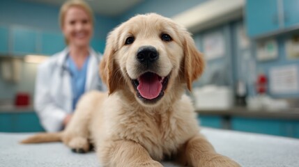 A cheerful Golden Retriever puppy with a big smile is enjoying a visit to the veterinary clinic, bringing joy to the staff and showcasing its playful nature and health.