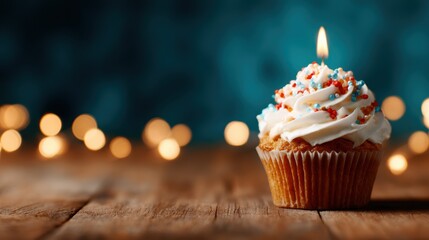A charming cupcake adorned with frosting, colorful sprinkles, and a lit candle, symbolizing celebration, joy, and special moments shared among friends and loved ones.