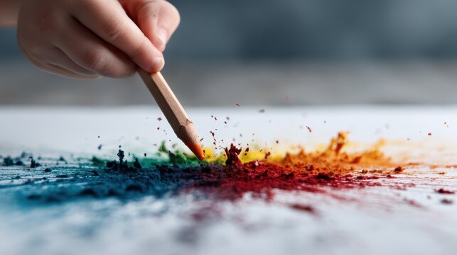 A child's hand presses a crayon onto drawing paper, creating a vivid explosion of colors. This playful image represents creativity and the joy of artistic expression.