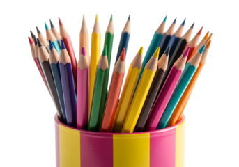 Colorful sharpened pencils in a striped holder on a white background
