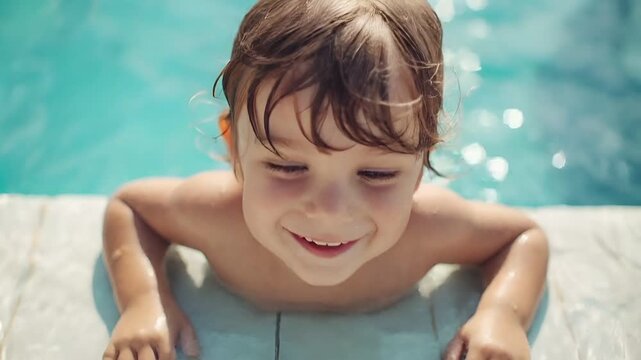 A young child is captured in a candid moment in a swimming pool, with sunlight filtering through the waters surface, creating a shimmering effect.
