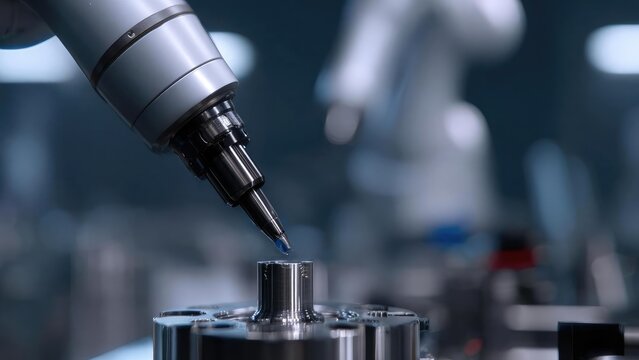 Close-up of a precision milling drill over a metal shaft in a high-tech manufacturing lab. Concept Precision milling, Metal shaft machining, High-tech manufacturing lab, Close-up industrial shot