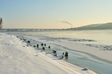 Frozen river bank with broken ice chunks and distant cityscape.