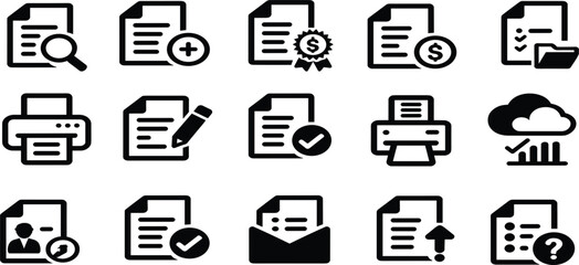 Set of Fifteen Document File Glyph Icons, Office Administration Printing Management Symbols, Financial Approval Cloud Data Vector Graphic Collection