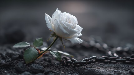 Single white rose emerging from darkness with subtle chain