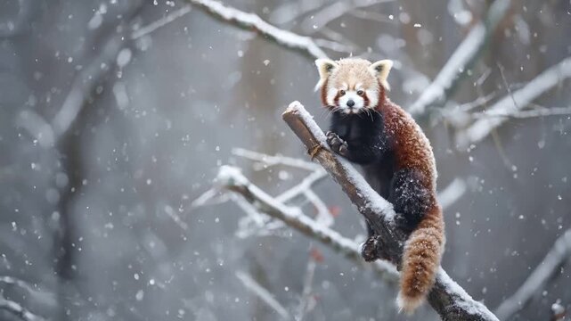 A red panda stands on a snowcovered branch, its fur a mix of brown and black, with white snowflakes falling around it. The background is blurred, emphasizing the panda as the main subject.