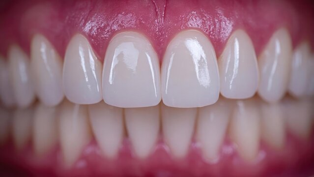 Close-up of upper front teeth with glossy porcelain veneers and pink gums. Concept Porcelain veneers close-up, Glossy white smile, Upper front teeth focus, Pink gums, Cosmetic dentistry portrait