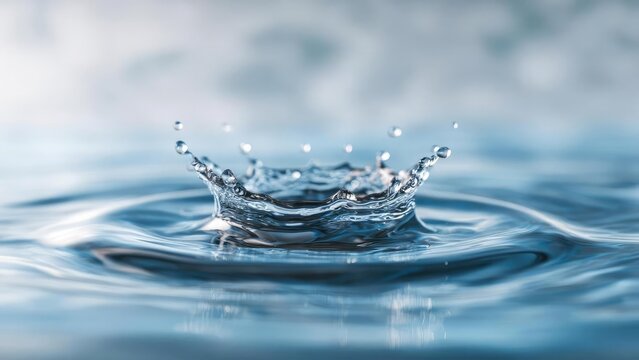 A water droplet creating a crown splash on a calm blue surface. Concept Water Droplet, Crown Splash, Blue Surface, Ripple, Macro Photography - Powered by Adobe