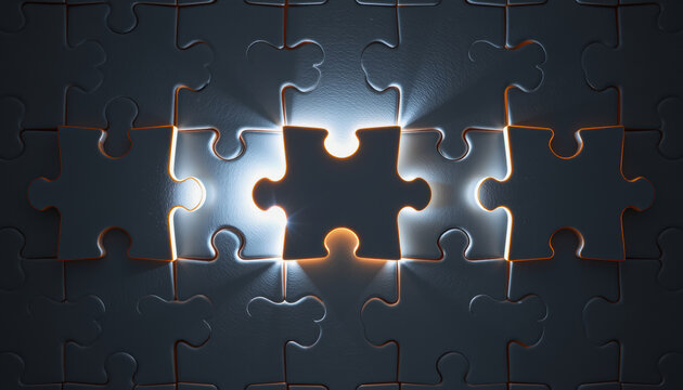 Illuminated puzzle piece concept abstract design indoor space digital art close-up view creative interpretation