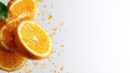 Vibrant, fresh oranges are sliced with juice splashing, creating a visually dynamic image that highlights the fruit's freshness and zestiness.