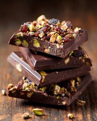 Stack of dark chocolate bark with pistachios and dried fruit