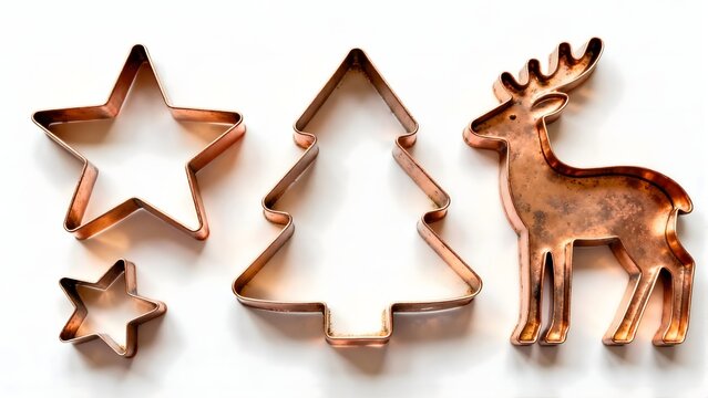 Vintage copper Christmas cookie cutters isolated on white background. Essential baking tools for holiday season, traditional cooking concept.