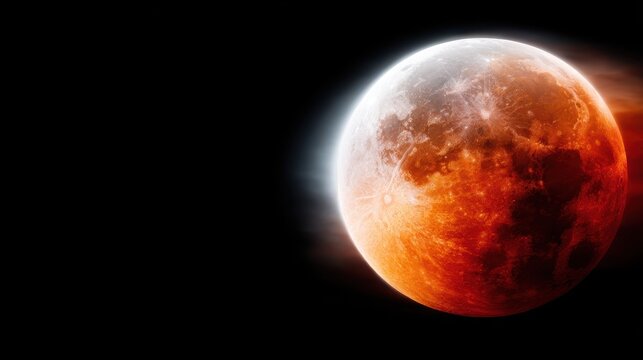 A breathtaking view of a blood moon illuminating the night sky during a total lunar eclipse, showcasing a stunning blend of fiery reds and deep blacks in the cosmos. - Powered by Adobe