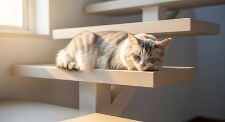 Cute Silver Tabby Cat Sleeping Peacefully on Floating Stairs in Sunlight