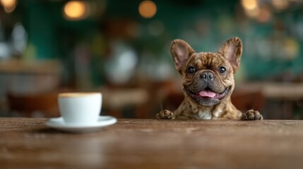 A cheerful French Bulldog sitting at a café table with a cup of coffee, showcasing pure joy and companionship, embodying the delightful moments shared between pets and their owners.