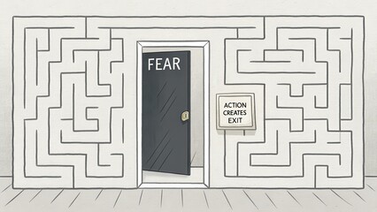 The Door Marked Fear Inside a Maze Represents Overcoming Obstacles