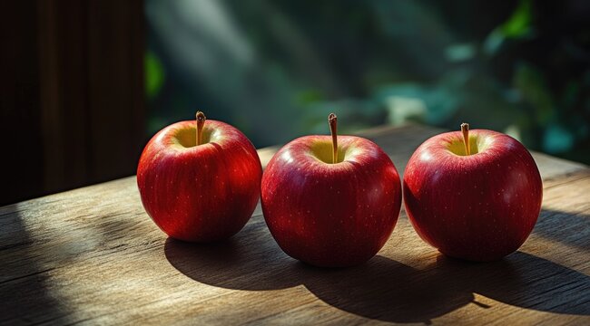 Three red apples on a wooden table, sunbeams
