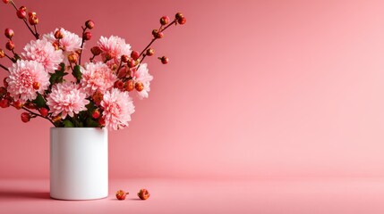 A beautiful arrangement of pink flowers in a white vase set against a soft pink background, creating a serene and refreshing atmosphere of natural beauty and elegance.