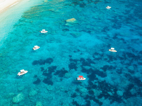 High angle view of small boats at anchor near Paradise Beach 