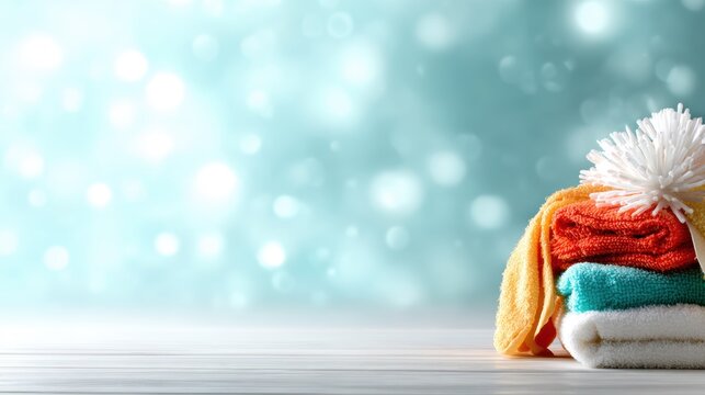 This serene image of neatly stacked colorful towels evokes a sense of coziness, comfort, and cleanliness, representing the indulgence of self-care in a tranquil bathroom environment.