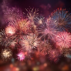 Spectacular colorful fireworks exploding in the night sky, celebrating a festive event