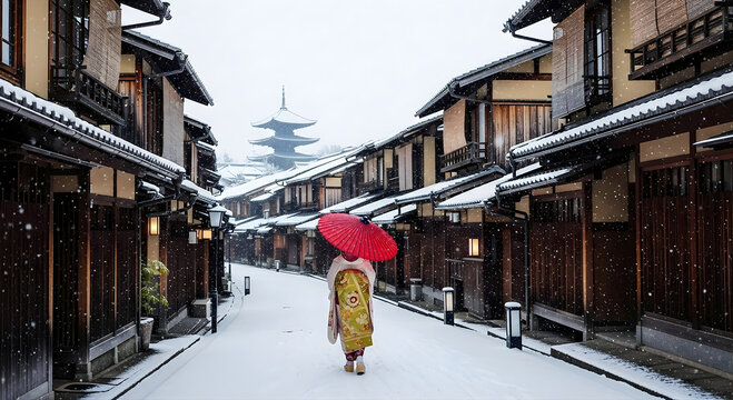 Kyoto Winter Snow Scene: Woman in Kimono with Red Umbrella Walking Down Traditional Japanese Street Towards Pagoda - Powered by Adobe