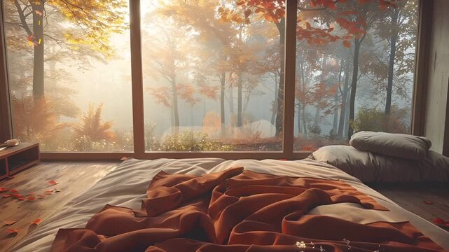 A bedroom scene with a large window revealing a serene forest scene during autumn. The room is furnished with a bed, a nightstand with a lamp, and a wooden floor with rose petals scattered around.