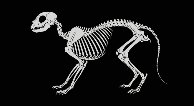 Detailed illustration of a cat skeleton on a black background, showcasing bone structure